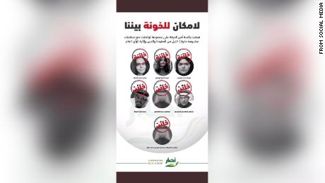 A flyer circulating on social media in Saudi Arabia shows activists, including Hathloul, with a traitor stamp over each of their faces.