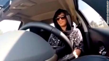 This Nov. 30, 2014 image made from video released by Loujain al-Hathloul, shows her driving towards the United Arab Emirates - Saudi Arabia border before her arrest on Dec. 1, 2014, in Saudi Arabia.