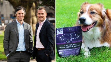 [From left to right] Tim Moxey and Chris Abbott of BotanicaSeattle. A dog poses with Austin &amp; Kat CBD biscuits. 